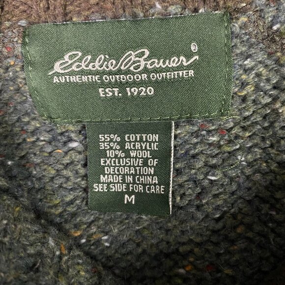 Eddie Bauer Sweater Men's Medium Green Speckled Shoulder Patches Wool Cotton - Picture 7 of 11